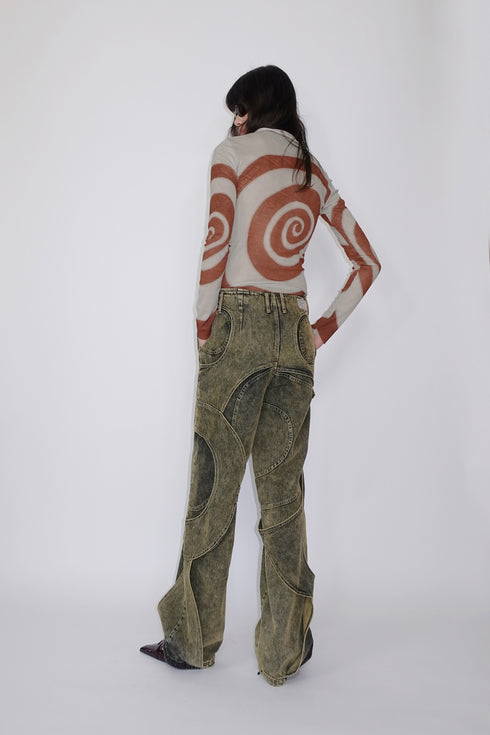 CIRCLE CUT-OUT DENIM PANTS -YELLOW-